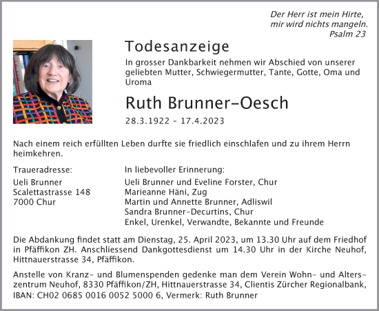 Traueranzeige von Ruth Brunner-Oesch von AvU