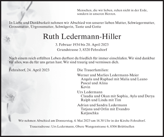 Traueranzeige von Ruth Ledermann-Hiller von AvU