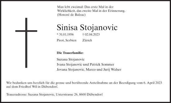 Traueranzeige von Sinisa Stojanovic von VO solo