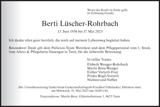 Traueranzeige von Berti Lüscher-Rohrbach von AvU