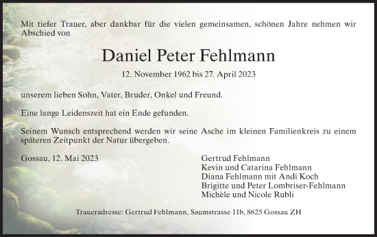 Traueranzeige von Daniel Peter Fehlmann von ZO solo