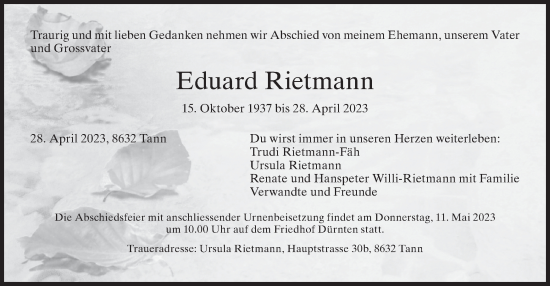 Traueranzeige von Eduard Rietmann von AvU