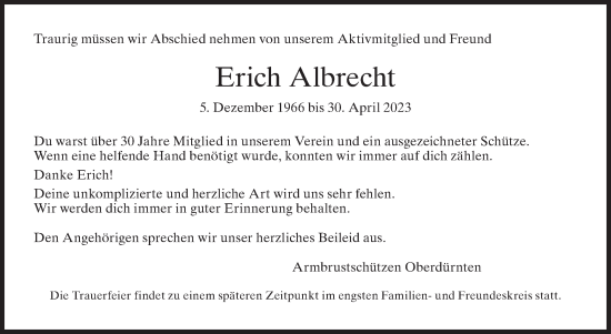 Traueranzeige von Erich Albrecht von AvU