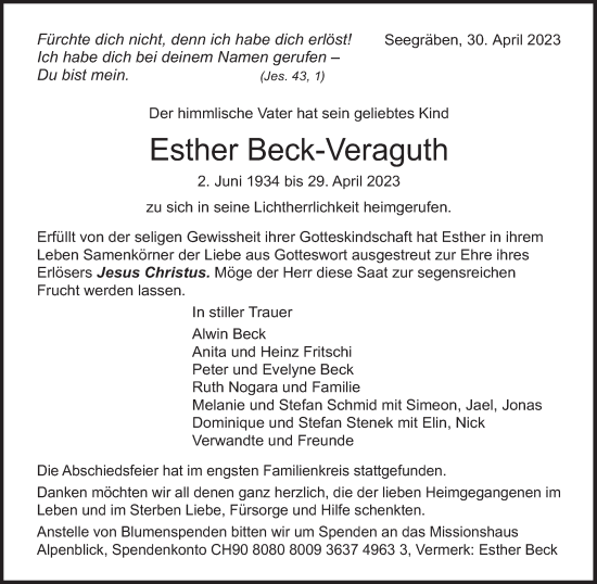 Traueranzeige von Esther Beck-Veraguth von AvU