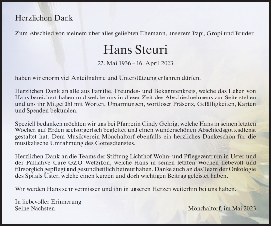 Traueranzeige von Hans Steuri von AvU