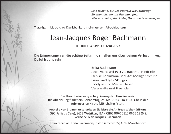 Traueranzeige von Jean-Jacques Roger Bachmann von ZO solo