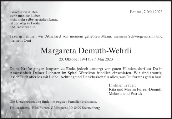 Traueranzeige von Margareta Demuth-Wehrli von ZO solo