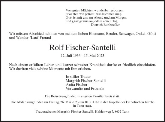 Traueranzeige von Rolf Fischer-Santelli von ZO solo