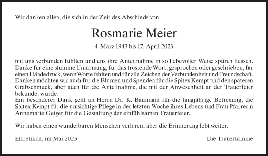 Traueranzeige von Rosmarie Meier von ZO solo