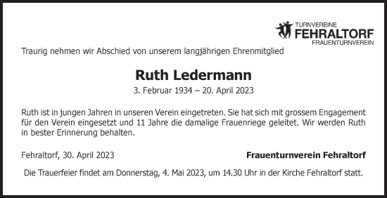 Traueranzeige von Ruth Ledermann von AvU