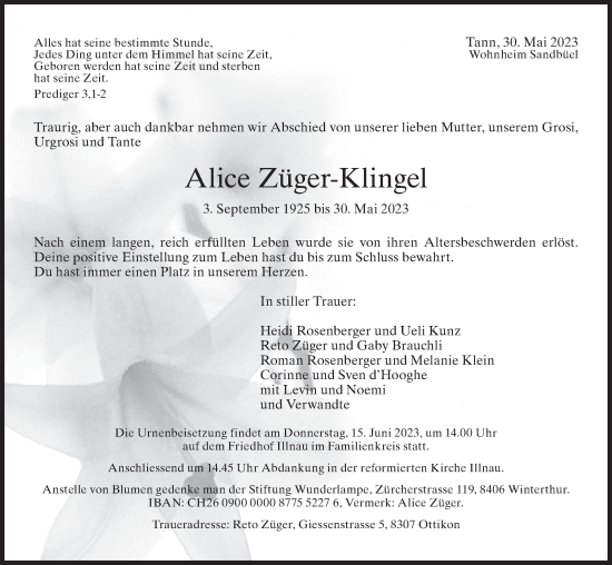 Traueranzeige von Alice Züger-Klingel von reg_5