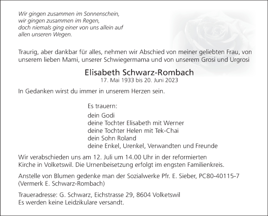 Traueranzeige von Elisabeth Schwarz-Rombach von AvU