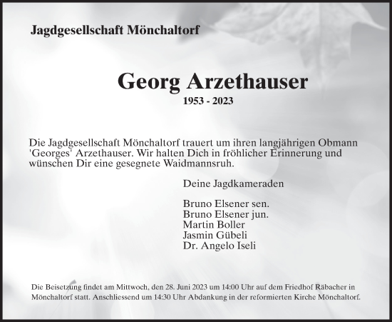 Traueranzeige von Georg Arzethauser von ZO solo