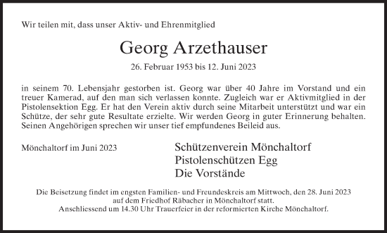 Traueranzeige von Georg Arzethauser von AvU