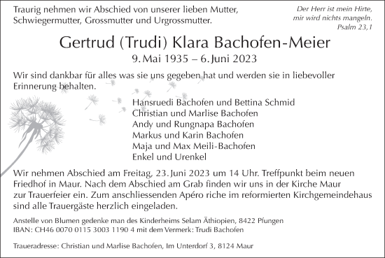 Traueranzeige von Gertrud Klara Bachofen-Meier von AvU