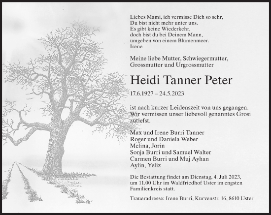 Traueranzeige von Heidi Tanner Peter von AvU