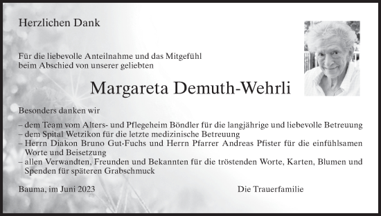 Traueranzeige von Margareta Demuth-Wehrli von ZO solo