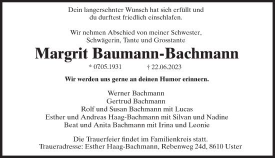 Traueranzeige von Margrit Baumann-Bachmann von ZO solo