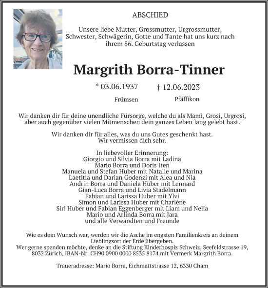 Traueranzeige von Margrith Borra-Tinner von AvU