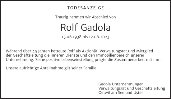 Traueranzeige von Rolf Gadola von AvU