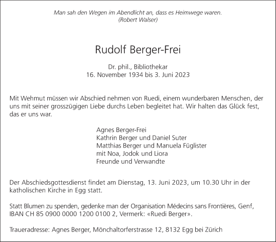 Traueranzeige von Rudolf Berger-Frei von ZO solo