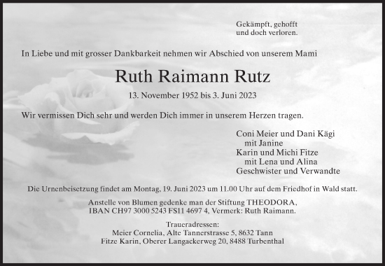 Traueranzeige von Ruth Raimann Rutz von AvU