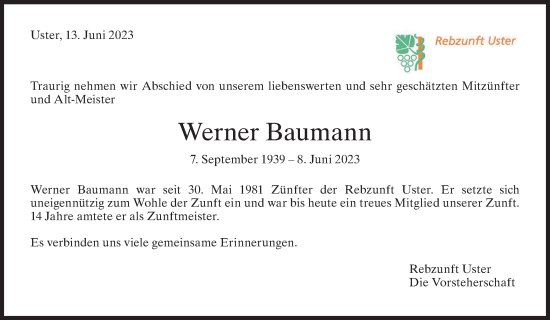 Traueranzeige von Werner Baumann von ZO solo