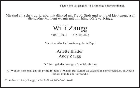 Traueranzeige von Willi Zaugg von AvU