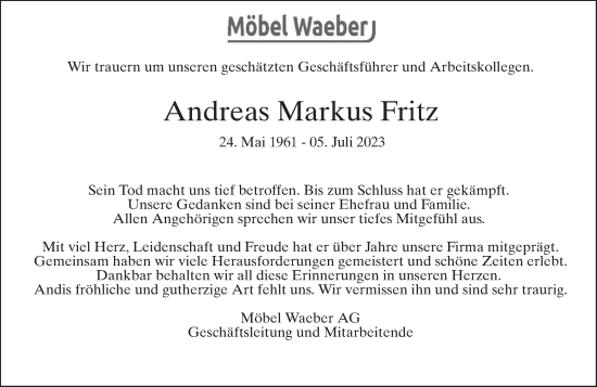 Traueranzeige von Andreas Markus Fritz von AvU