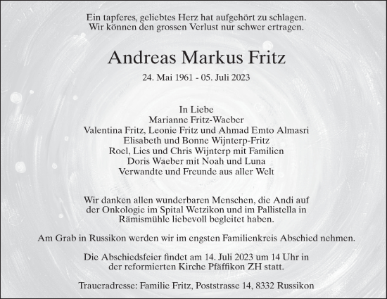 Traueranzeige von Andreas Markus Fritz von AvU