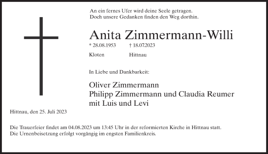 Traueranzeige von Anita Zimmermann-Willi von AvU