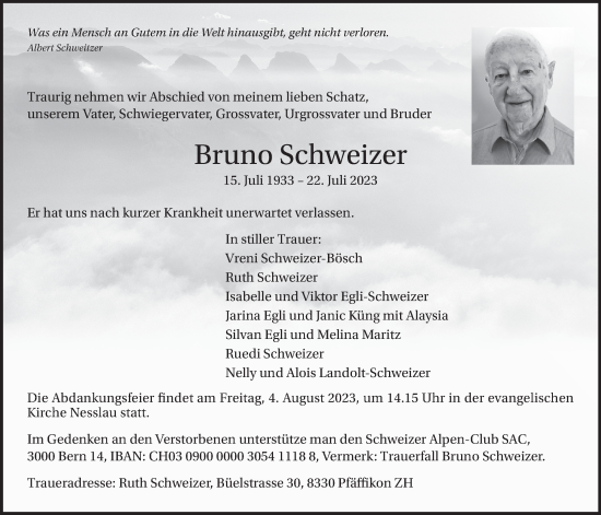 Traueranzeige von Bruno Schweizer von AvU