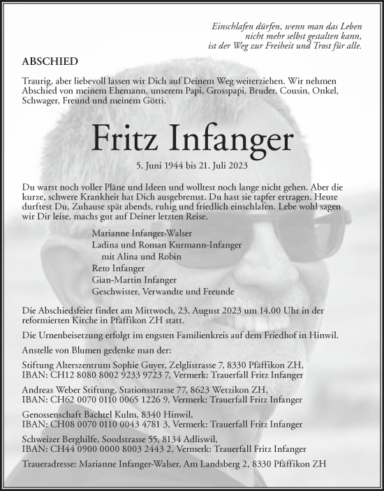 Traueranzeige von Fritz Infanger von ZO solo