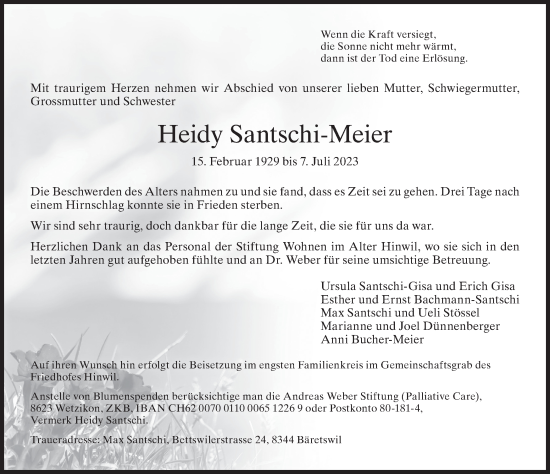 Traueranzeige von Heidy Santschi-Meier von AvU