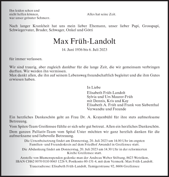 Traueranzeige von Max Früh-Landolt von AvU