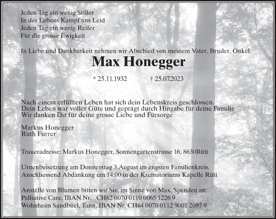 Traueranzeige von Max Honegger von ZO solo