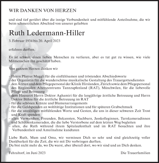 Traueranzeige von Ruth Ledermann-Hiller von AvU