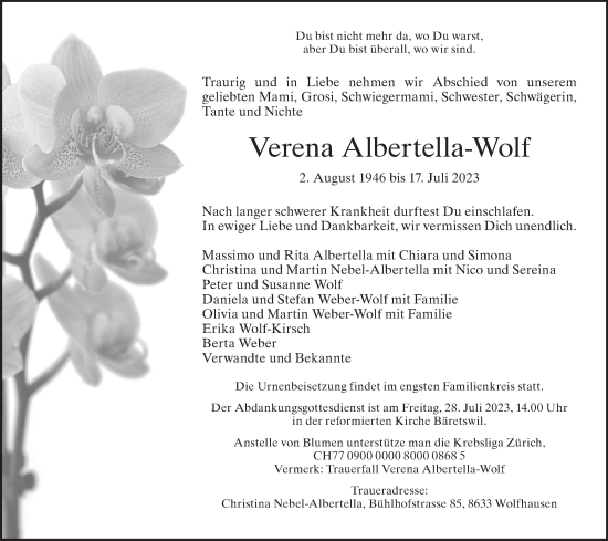 Traueranzeige von Verena Albertella-Wolf von AvU