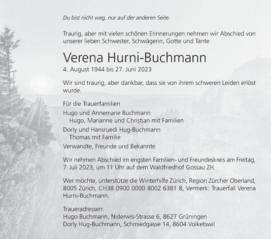 Traueranzeige von Verena Hurni-Buchmann von AvU