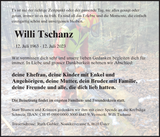 Traueranzeige von Willi Tschanz von AvU