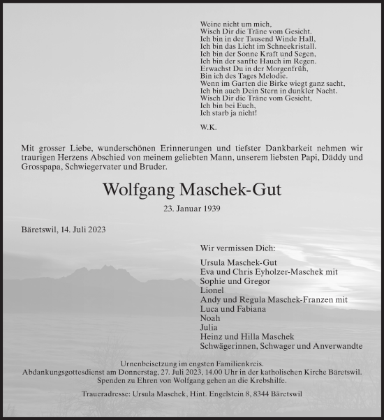 Traueranzeige von Wolfgang Maschek-Gut von ZO solo