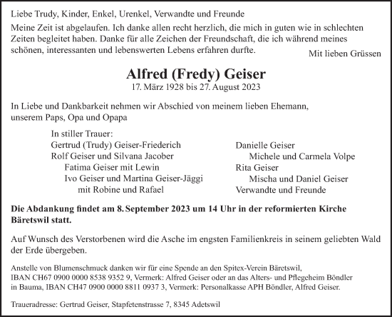 Traueranzeige von Alfred Geiser von ZO solo