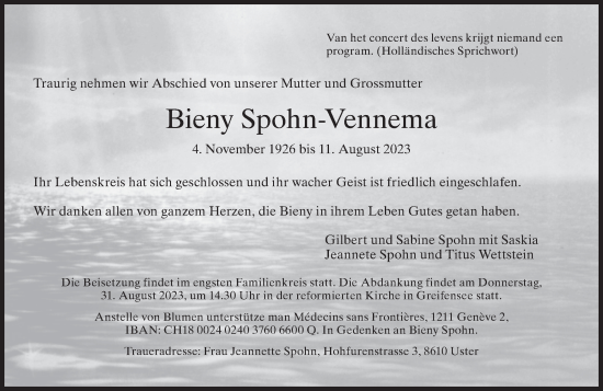 Traueranzeige von Bieny Spohn-Vennema von AvU