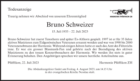 Traueranzeige von Bruno Schweizer von AvU