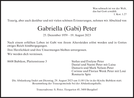 Traueranzeige von Gabriella Peter von AvU