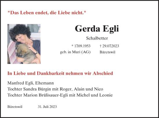 Traueranzeige von Gerda Egli von AvU