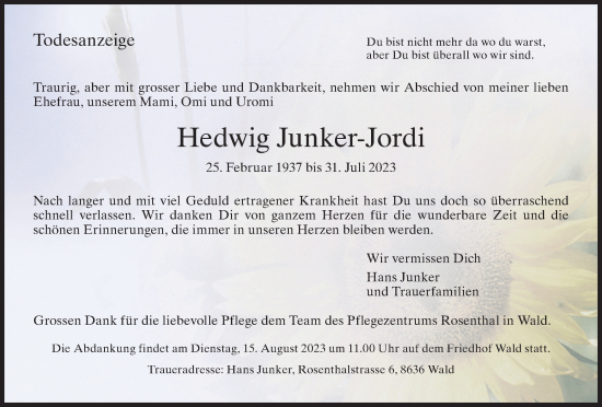 Traueranzeige von Hedwig Junker-Jordi von AvU