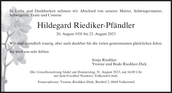 Traueranzeige von Hildegard Riediker-Pfändler von AvU