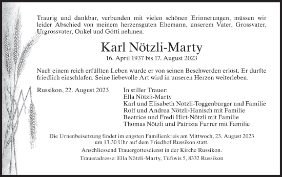 Traueranzeige von Karl Nötzli-Marty von ZO solo