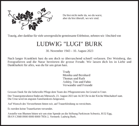 Traueranzeige von Ludwig Burk von AvU